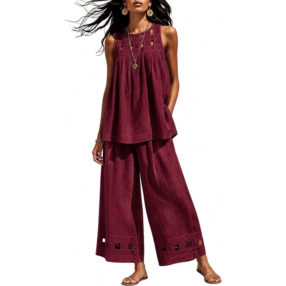 image:imageTanming Womens Casual Cutout Tank Tops Palazzo Pants Set Matching 2 Piece Set Sleeveless Tank Top Breathable Fabric Machine Washable Women Sets Trendy for Vacation DailywearWine