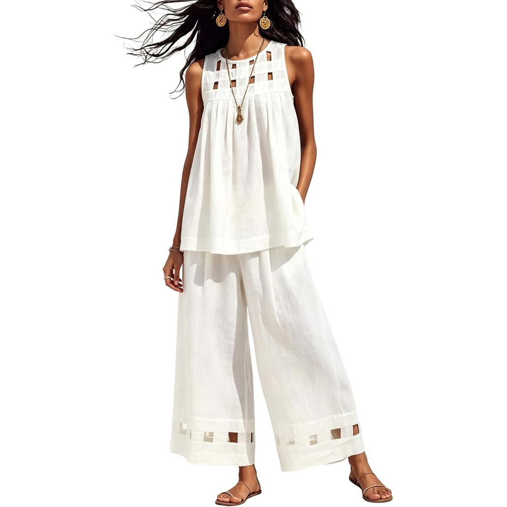 image:imageTanming Womens Casual Cutout Tank Tops Palazzo Pants Set Matching 2 Piece Set Sleeveless Tank Top Breathable Fabric Machine Washable Women Sets Trendy for Vacation DailywearWhite