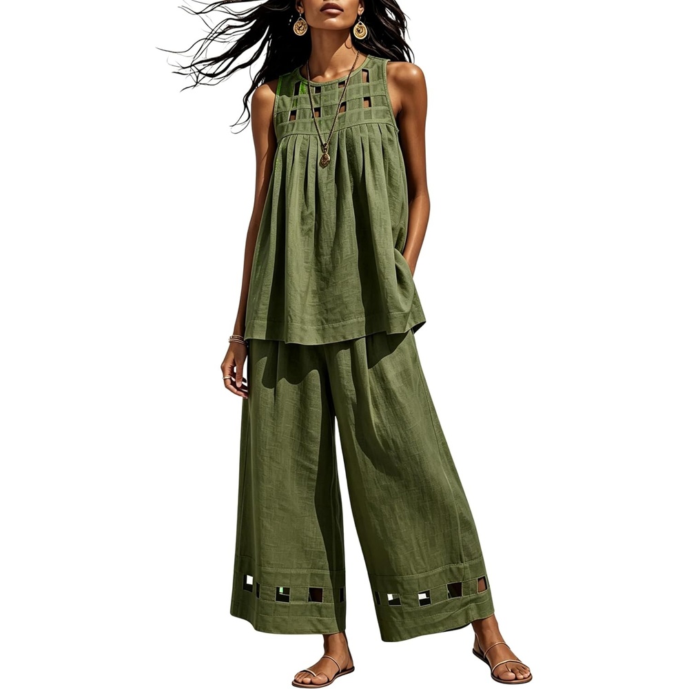 image:imageTanming Womens Casual Cutout Tank Tops Palazzo Pants Set Matching 2 Piece Set Sleeveless Tank Top Breathable Fabric Machine Washable Women Sets Trendy for Vacation DailywearArmygreen