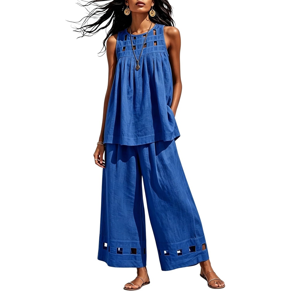 image:imageTanming Womens Casual Cutout Tank Tops Palazzo Pants Set Matching 2 Piece Set Sleeveless Tank Top Breathable Fabric Machine Washable Women Sets Trendy for Vacation DailywearCobalt