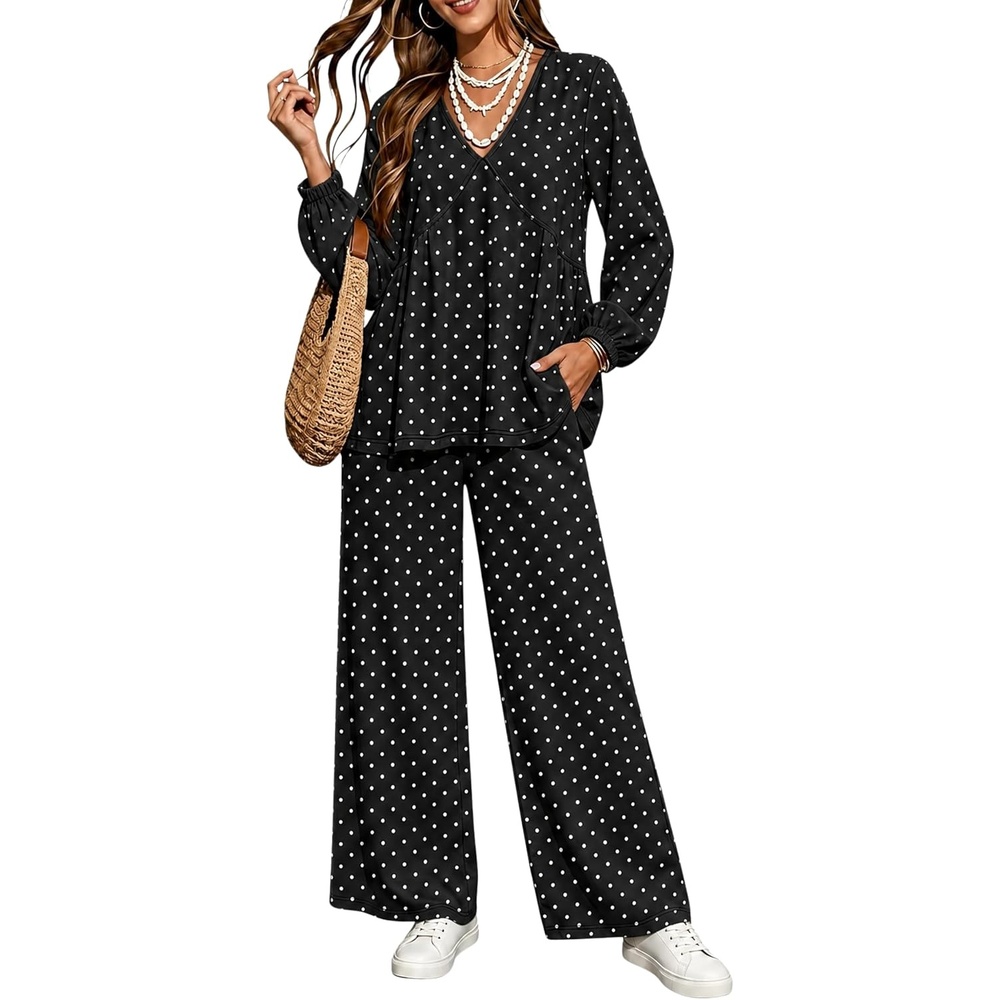 image:imageTanming Womens Polka Dot Set V Neck Peplum Top Palazzo Pants 2 Piece Lounge Set Soft Stretch Fabric Wide Leg Trousers High Elastic Waisted Side Pockets Loose Fit Casual LoungewearBlack