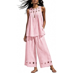Tanming Womens Casual Cutout Tank Tops Palazzo Pants Set | Matching 2 Piece Set, Sleeveless Tank Top, Breathable Fabric, Machine Washable, Women Sets Trendy, for Vacation Dailywear(Pink)
