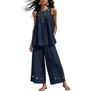 Tanming Womens Casual Cutout Tank Tops Palazzo Pants Set | Matching 2 Piece Set, Sleeveless Tank Top, Breathable Fabric, Machine Washable, Women Sets Trendy, for Vacation Dailywear(Navy)