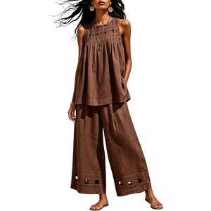 Tanming Womens Casual Cutout Tank Tops Palazzo Pants Set | Matching 2 Piece Set, Sleeveless Tank Top, Breathable Fabric, Machine Washable, Women Sets Trendy, for Vacation Dailywear(Brown)