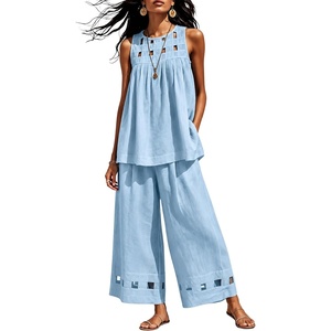 Tanming Womens Casual Cutout Tank Tops Palazzo Pants Set | Matching 2 Piece Set, Sleeveless Tank Top, Breathable Fabric, Machine Washable, Women Sets Trendy, for Vacation Dailywear(Blue)