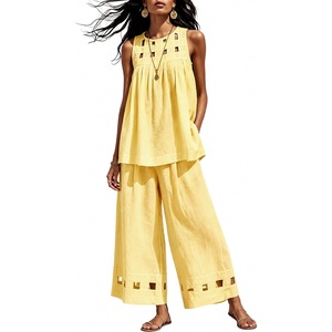 Tanming Womens Casual Cutout Tank Tops Palazzo Pants Set | Matching 2 Piece Set, Sleeveless Tank Top, Breathable Fabric, Machine Washable, Women Sets Trendy, for Vacation Dailywear(Yellow)