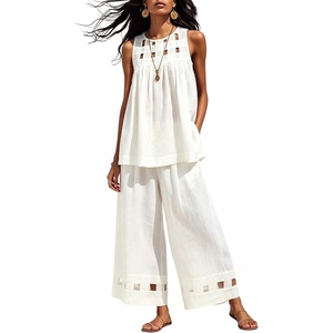 Tanming Womens Casual Cutout Tank Tops Palazzo Pants Set | Matching 2 Piece Set, Sleeveless Tank Top, Breathable Fabric, Machine Washable, Women Sets Trendy, for Vacation Dailywear(White)