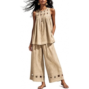 Tanming Womens Casual Cutout Tank Tops Palazzo Pants Set | Matching 2 Piece Set, Sleeveless Tank Top, Breathable Fabric, Machine Washable, Women Sets Trendy, for Vacation Dailywear(Khaki)