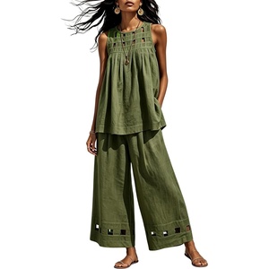 Tanming Womens Casual Cutout Tank Tops Palazzo Pants Set | Matching 2 Piece Set, Sleeveless Tank Top, Breathable Fabric, Machine Washable, Women Sets Trendy, for Vacation Dailywear(Armygreen)