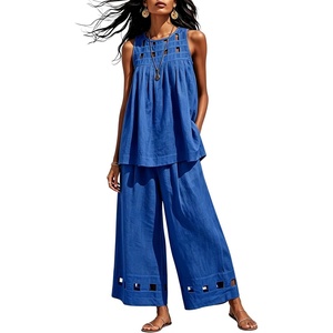 Tanming Womens Casual Cutout Tank Tops Palazzo Pants Set | Matching 2 Piece Set, Sleeveless Tank Top, Breathable Fabric, Machine Washable, Women Sets Trendy, for Vacation Dailywear(Cobalt)