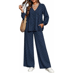 Tanming Women’s Polka Dot Set V Neck Peplum Top Palazzo Pants | 2 Piece Lounge Set, Soft Stretch Fabric, Wide Leg Trousers, High Elastic Waisted, Side Pockets, Loose Fit, Casual Loungewear(Navy)