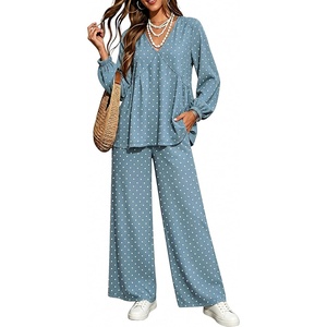 Tanming Women’s Polka Dot Set V Neck Peplum Top Palazzo Pants | 2 Piece Lounge Set, Soft Stretch Fabric, Wide Leg Trousers, High Elastic Waisted, Side Pockets, Loose Fit, Casual Loungewear(Blue Grey)