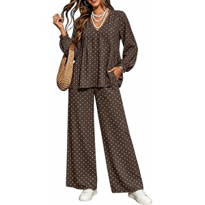 Tanming Women’s Polka Dot Set V Neck Peplum Top Palazzo Pants | 2 Piece Lounge Set, Soft Stretch Fabric, Wide Leg Trousers, High Elastic Waisted, Side Pockets, Loose Fit, Casual Loungewear(Coffee)