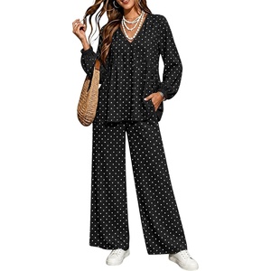 Tanming Women’s Polka Dot Set V Neck Peplum Top Palazzo Pants | 2 Piece Lounge Set, Soft Stretch Fabric, Wide Leg Trousers, High Elastic Waisted, Side Pockets, Loose Fit, Casual Loungewear(Black)