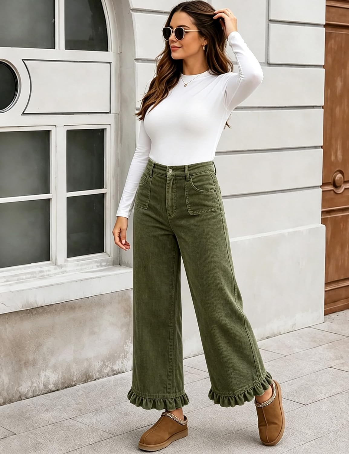 image:imageTanming Womens Elastic Waist Corduroy Ruffle Baggy PantsArmygreen