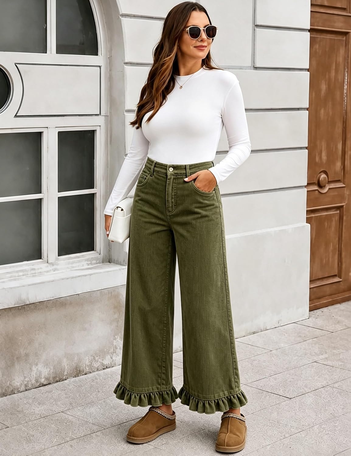 image:imageTanming Womens Elastic Waist Corduroy Ruffle Baggy PantsArmygreen