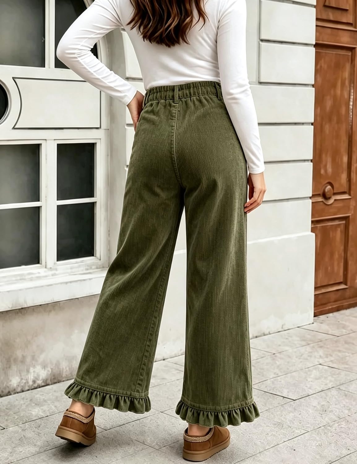 image:imageTanming Womens Elastic Waist Corduroy Ruffle Baggy PantsArmygreen