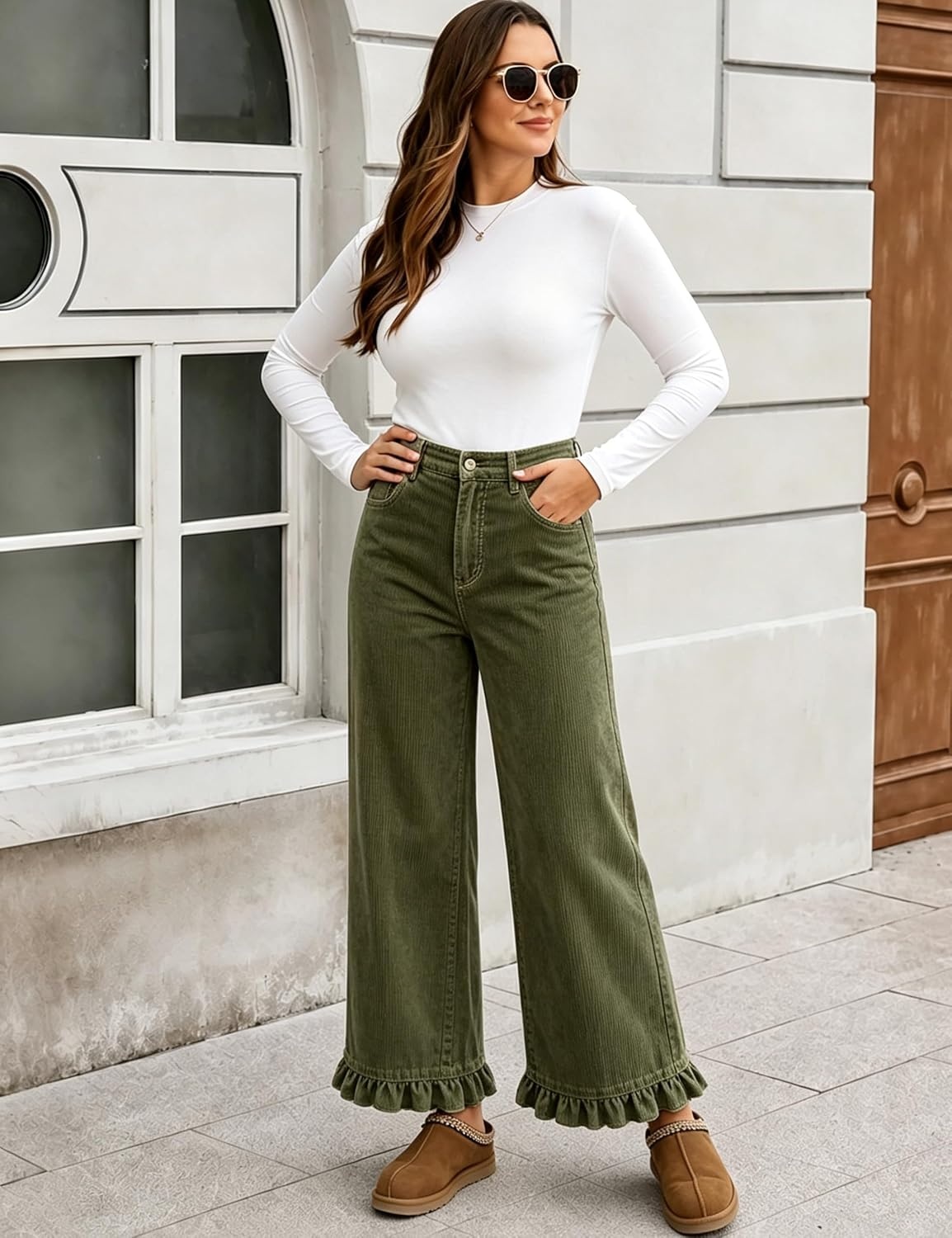 image:imageTanming Womens Elastic Waist Corduroy Ruffle Baggy PantsArmygreen