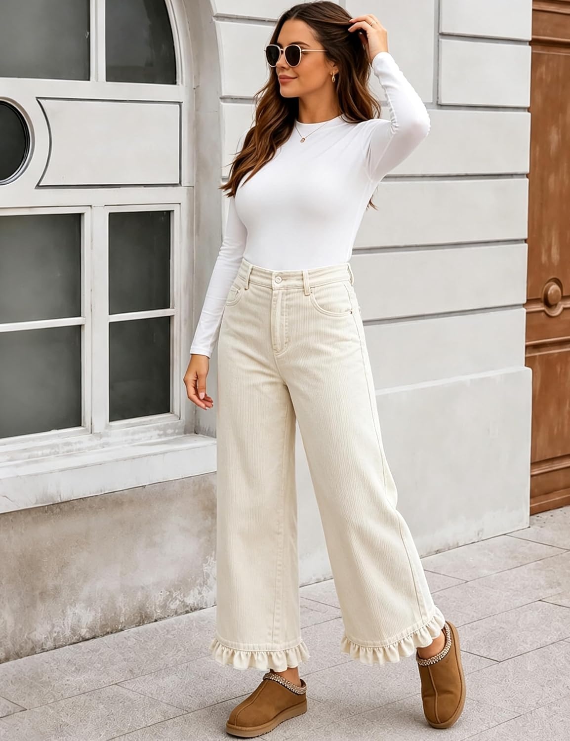 image:imageTanming Womens Elastic Waist Corduroy Ruffle Baggy PantsBeige