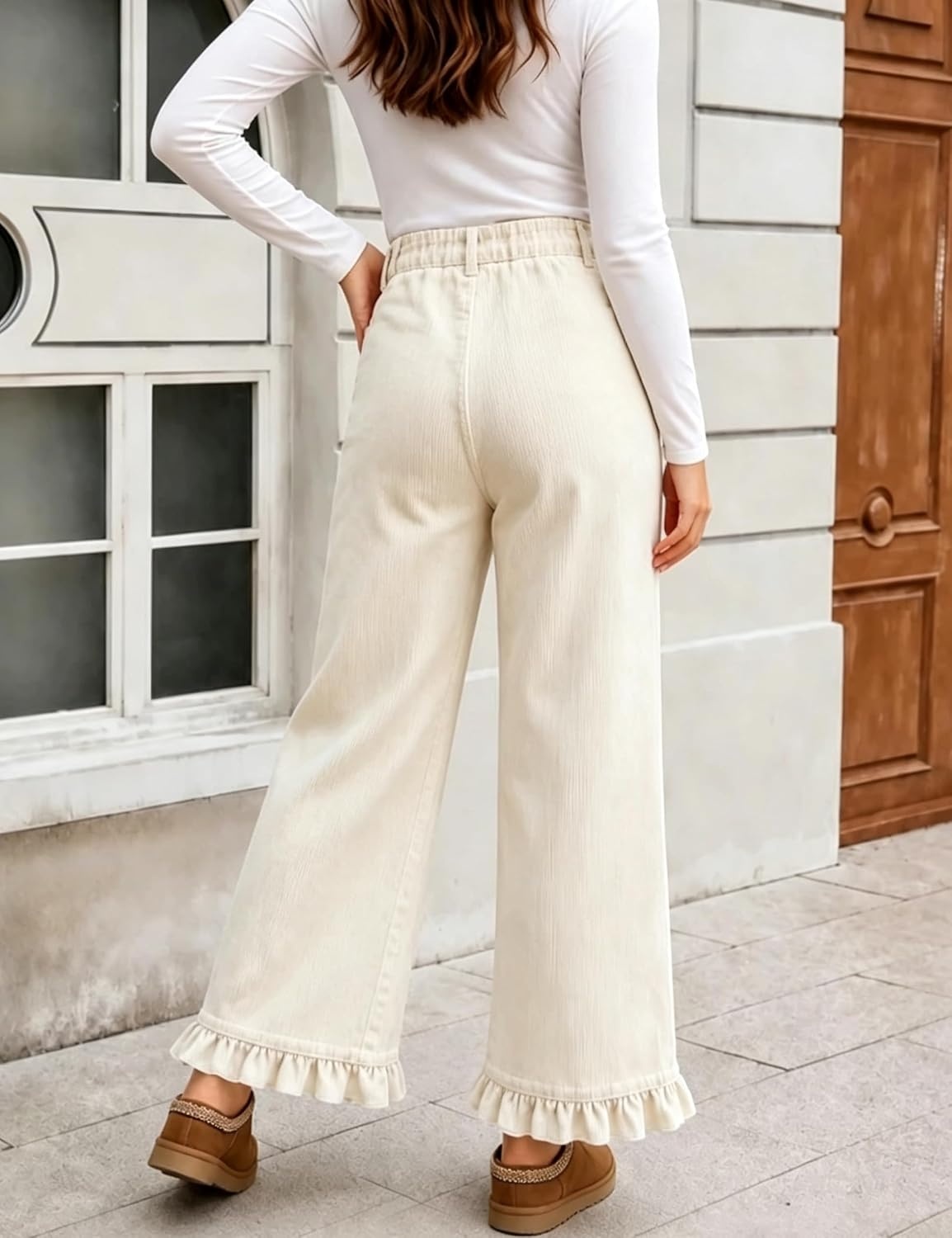 image:imageTanming Womens Elastic Waist Corduroy Ruffle Baggy PantsBeige