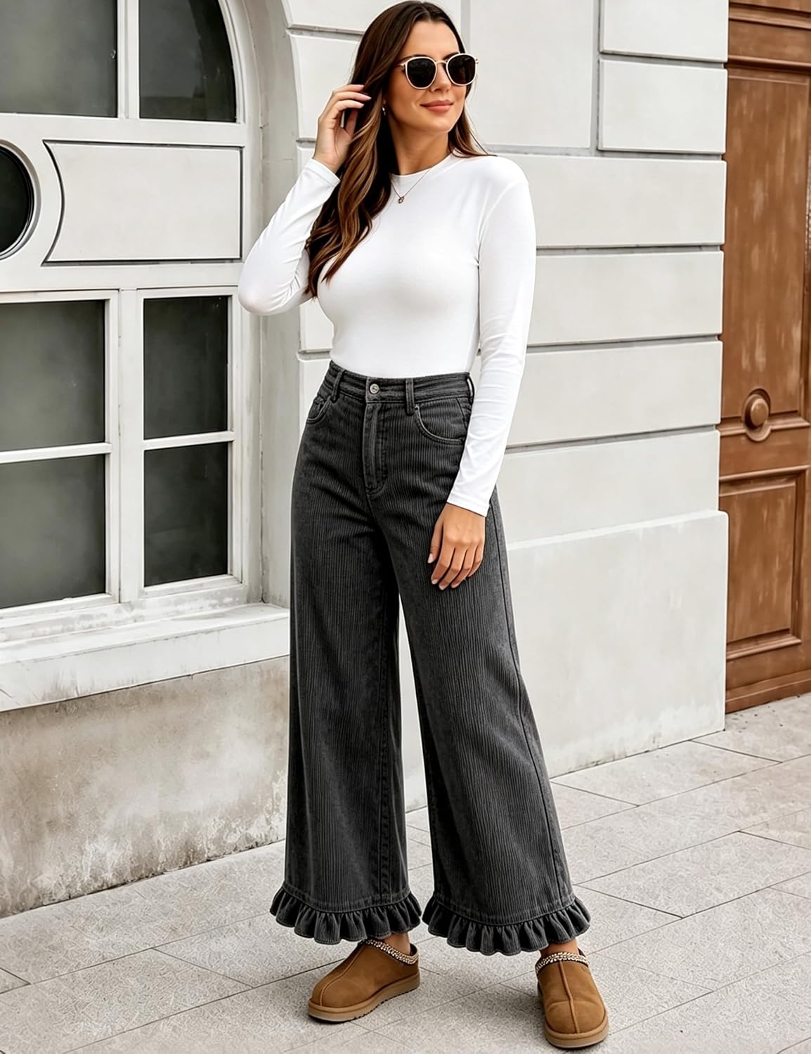 image:imageTanming Womens Elastic Waist Corduroy Ruffle Baggy PantsBlack