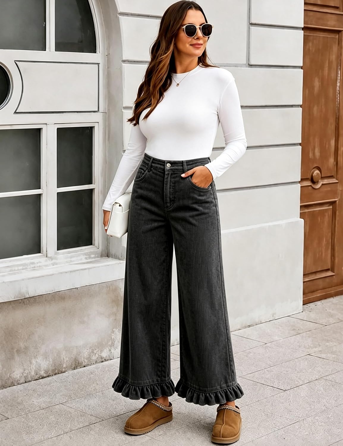 image:imageTanming Womens Elastic Waist Corduroy Ruffle Baggy PantsBlack