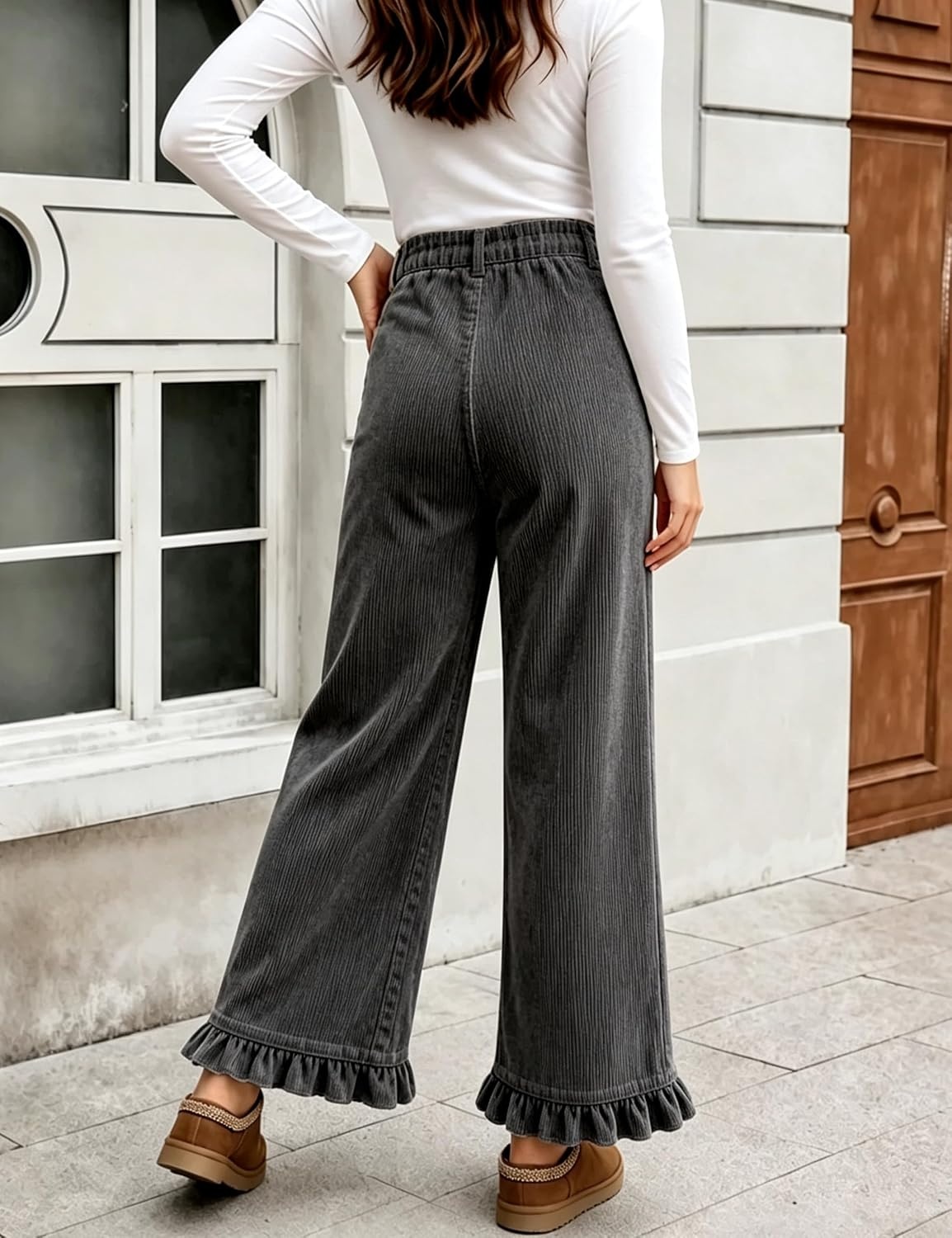 image:imageTanming Womens Elastic Waist Corduroy Ruffle Baggy PantsBlack