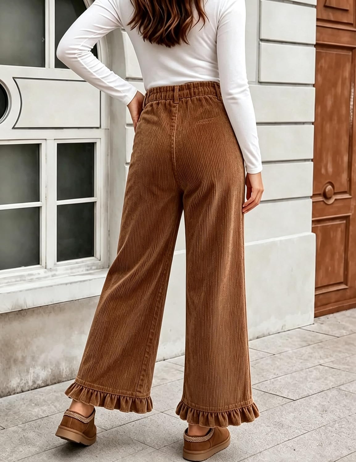 image:imageTanming Womens Elastic Waist Corduroy Ruffle Baggy PantsBrown