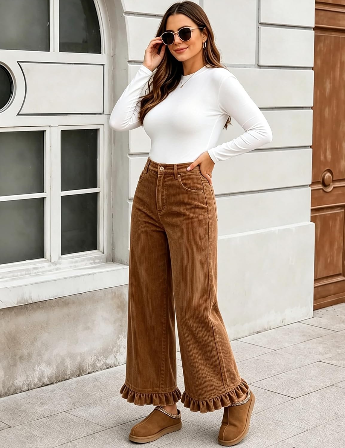 image:imageTanming Womens Elastic Waist Corduroy Ruffle Baggy PantsBrown