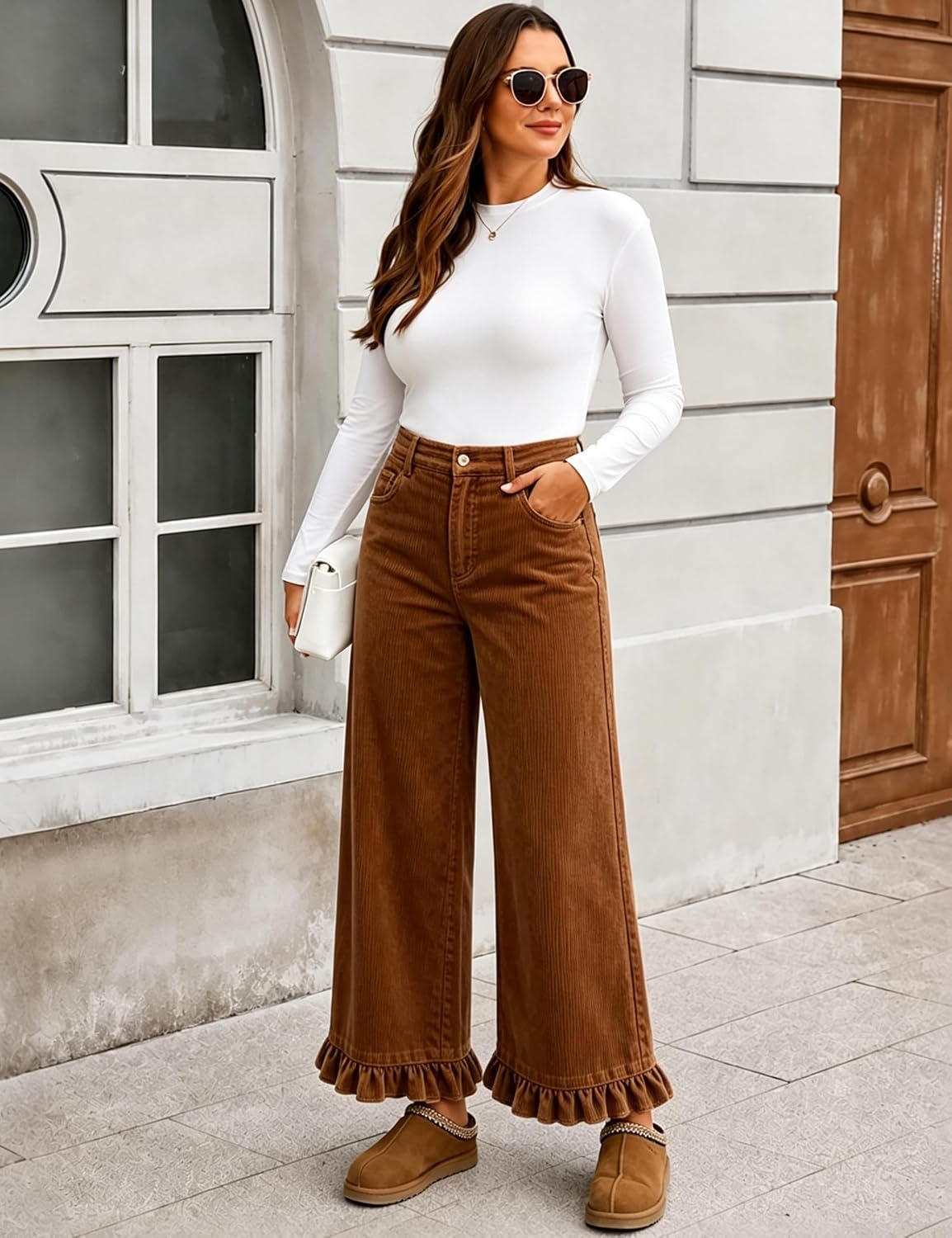 image:imageTanming Womens Elastic Waist Corduroy Ruffle Baggy PantsBrown