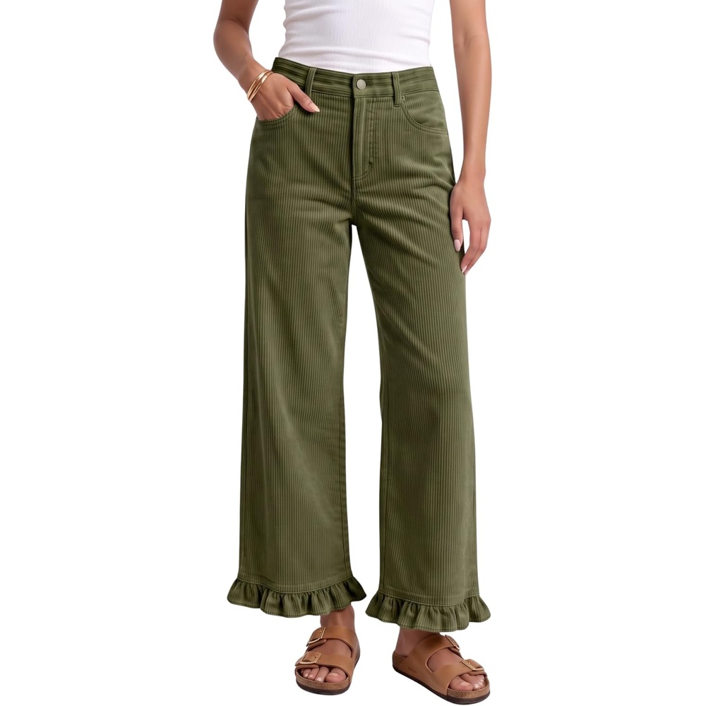 image:imageTanming Womens Elastic Waist Corduroy Ruffle Baggy PantsArmygreen