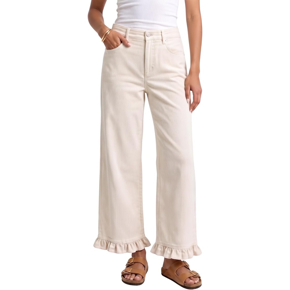 image:imageTanming Womens Elastic Waist Corduroy Ruffle Baggy PantsBeige
