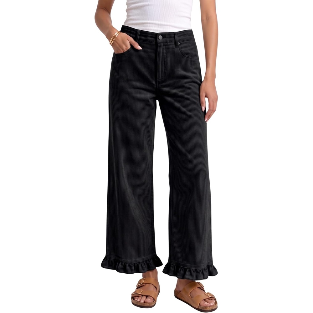 image:imageTanming Womens Elastic Waist Corduroy Ruffle Baggy PantsBlack