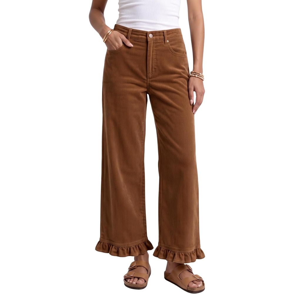 image:imageTanming Womens Elastic Waist Corduroy Ruffle Baggy PantsBrown