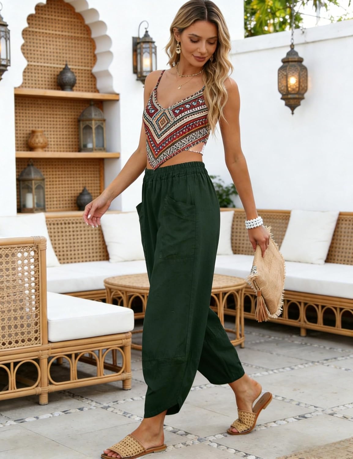 image:imageTanming Womens Harem Pants Cotton Linen Wide Leg Capris PantsArmy Green