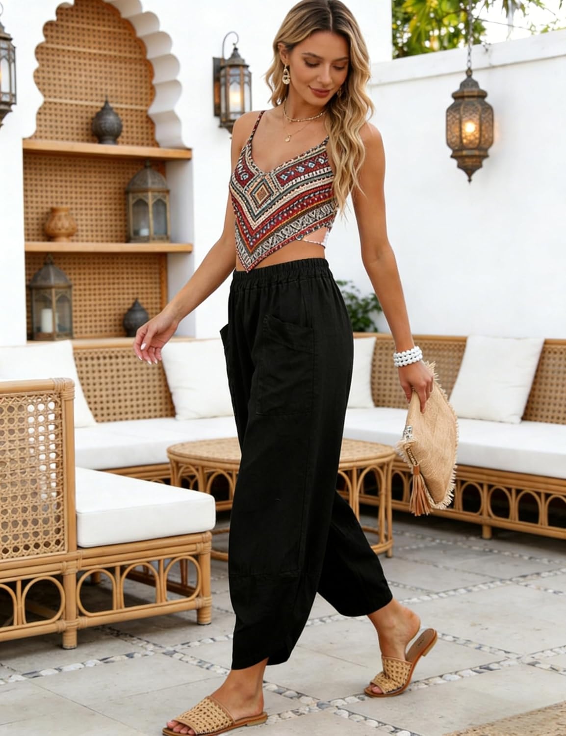 image:imageTanming Womens Harem Pants Cotton Linen Wide Leg Capris PantsBlack