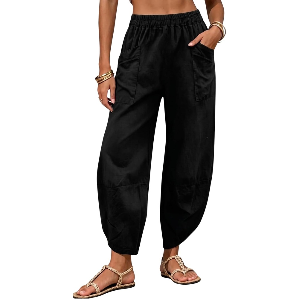 image:imageTanming Womens Harem Pants Cotton Linen Wide Leg Capris PantsBlack