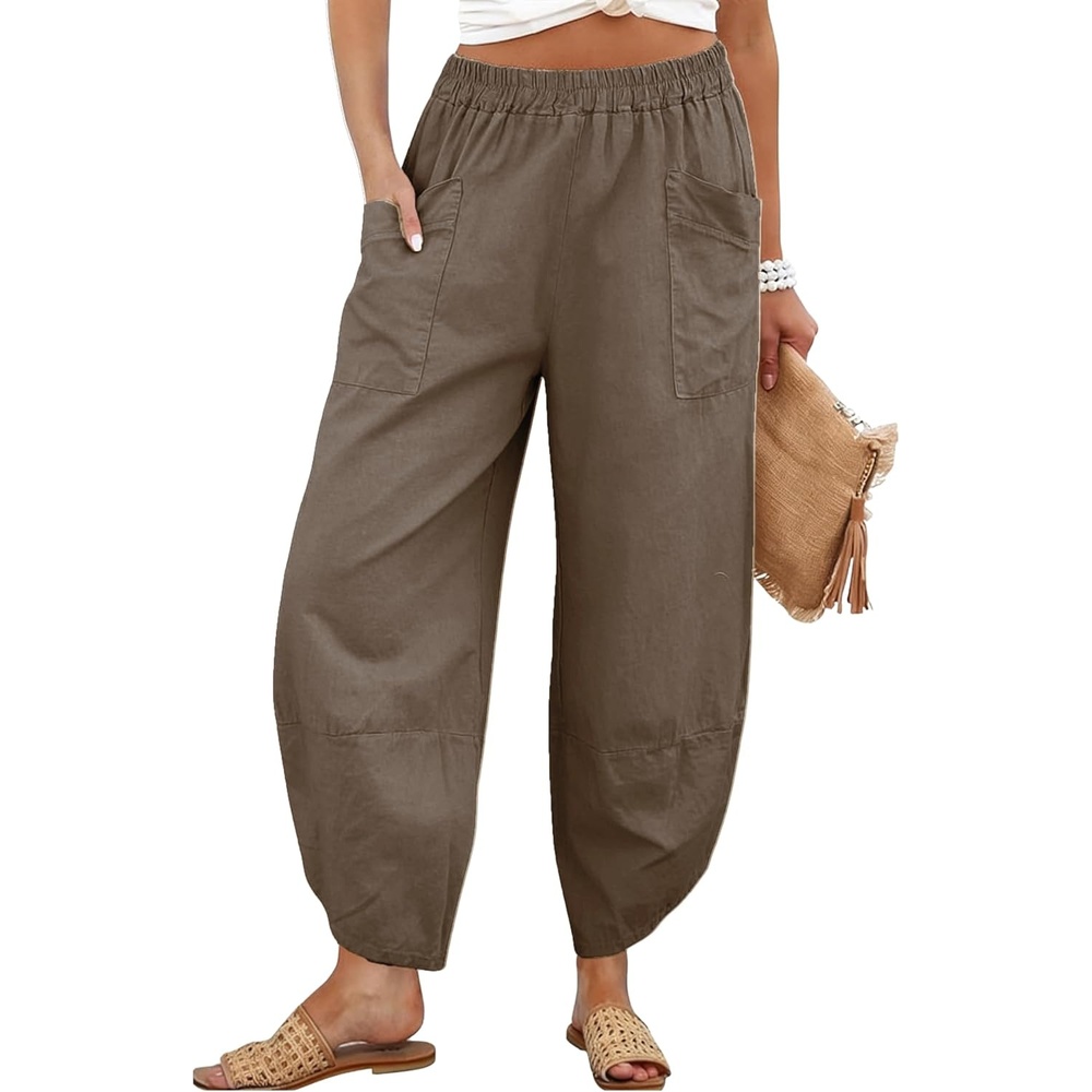 image:imageTanming Womens Harem Pants Cotton Linen Wide Leg Capris PantsDark Khaki
