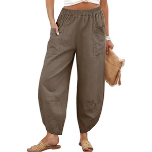 Tanming Womens Harem Pants Cotton Linen Wide Leg Capris Pants(Dark Khaki)